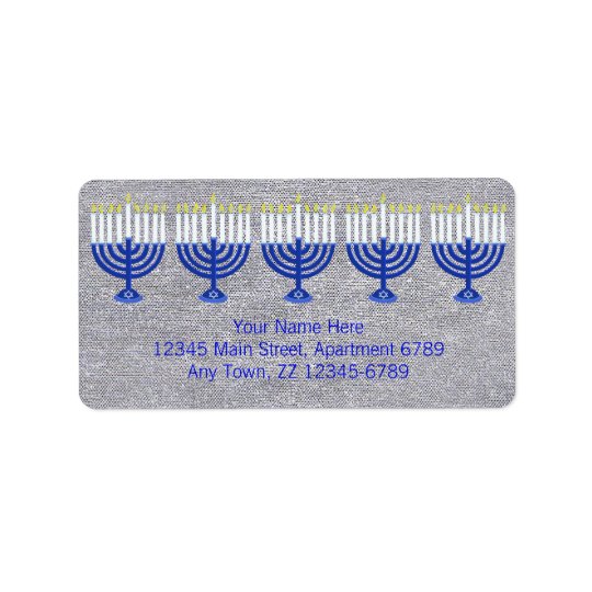Z Hanukkah Dark Blue Menorah On Faux Silver Bling Address Label