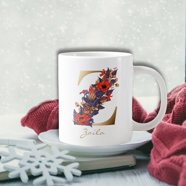 Z Letter Gold Monogram Red Purple Yellow Floral Large Coffee Mug (Creator Uploaded)