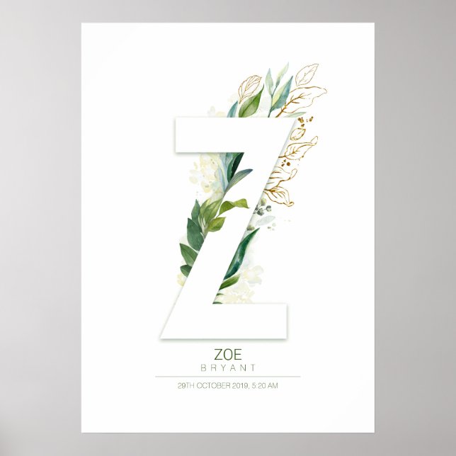 Z Letter Monogram Gold Greenery Foliage Dreamy Poster (Front)