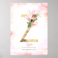Z Letter Monogram Gold Leaves Pink Magnolia Floral