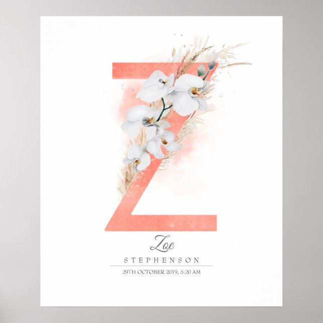 Z Letter Monogram White Orchids and Pampas Grass Poster (Front)