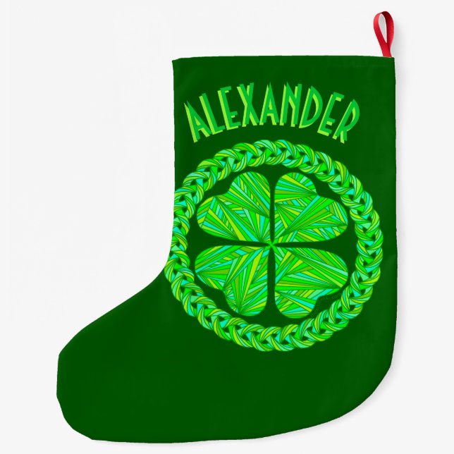 Z Lucky Celtic Shamrock Four Leaf Clover Green Large Christmas Stocking (Back)