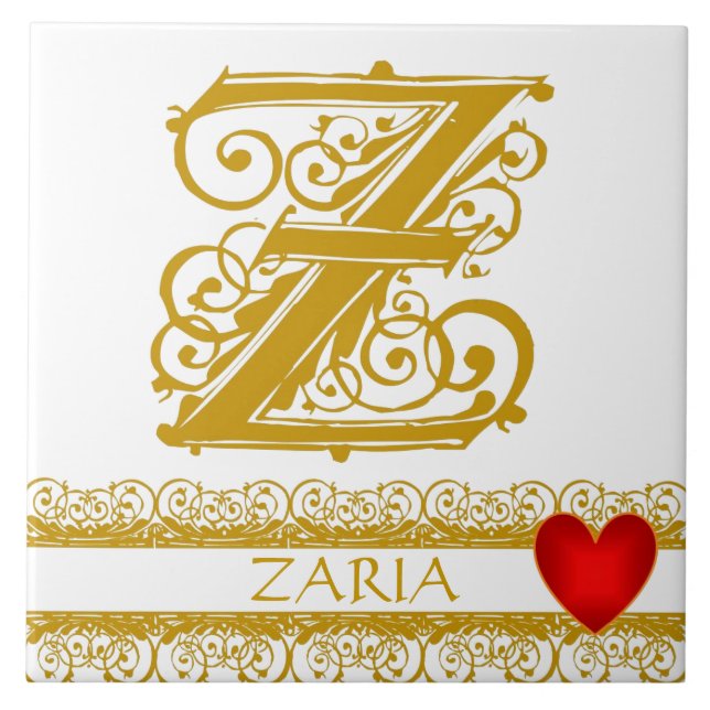 Z Monogram Name Gold Lace Red Heart Template Tile (Front)