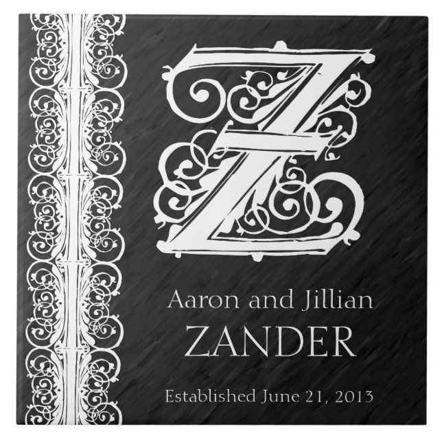 Z Monogram "White Lace on Black" Wedding Tile (Front)