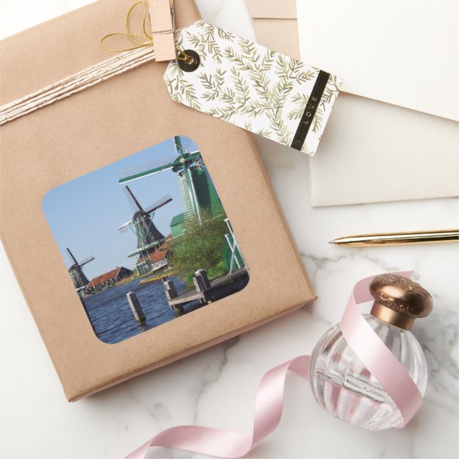 Zaanse Schans Dutch windmills in green and white Square Sticker (Gifting)