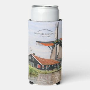 Zaanse Schans Windmill Watercolor Dutch Heritage Seltzer Can Cooler
