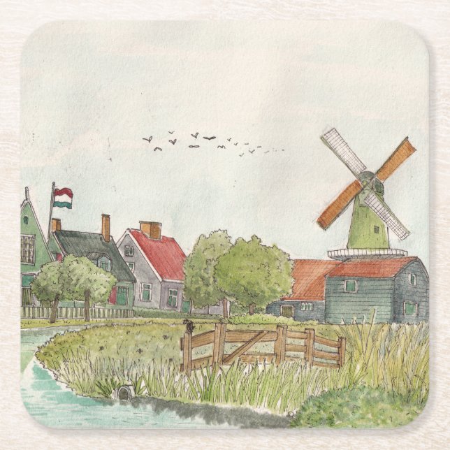 Zaanse Schans Zaandam Netherlands Watercolor Poste Square Paper Coaster (Front)
