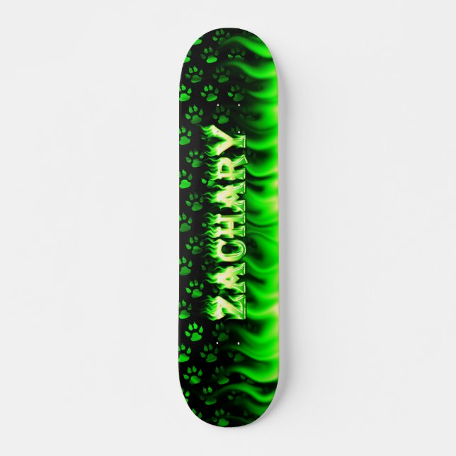 Zachary skateboard green fire and flames design. (Front)