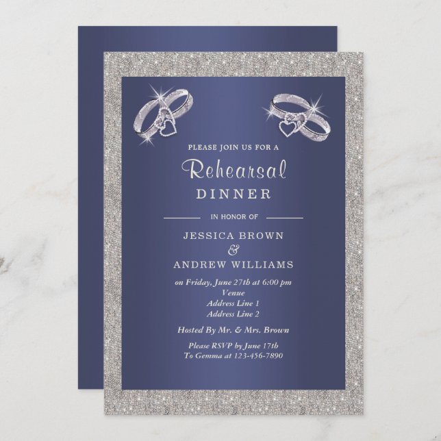 Zaffre, Sparkly Silver Rings Rehearsal Dinner Invitation (Front/Back)