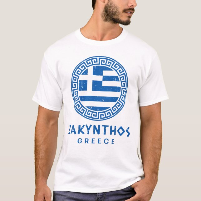 Zakynthos And Flag Of Greece Distressed Design T-Shirt (Front)