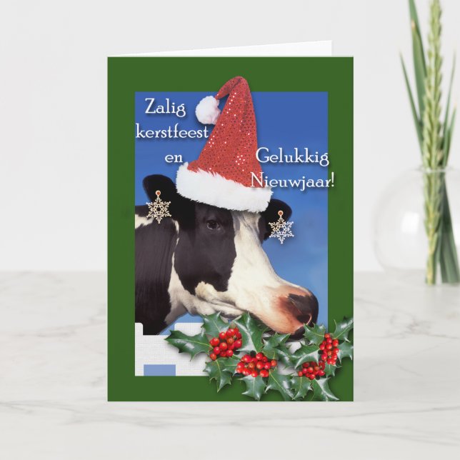 Zalig kerstfeest, Holstein Cow with Santa Hat Holiday Card (Front)