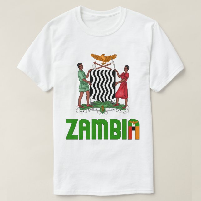 Zambia Flag and Coat Of Arms Patriotic T-Shirt (Design Front)