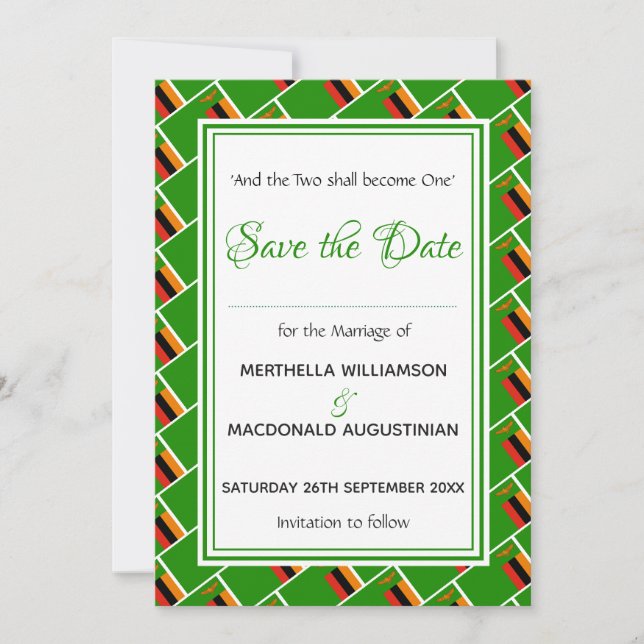 ZAMBIA FLAG Customised Scripture Stylish Zambian Save The Date (Front)