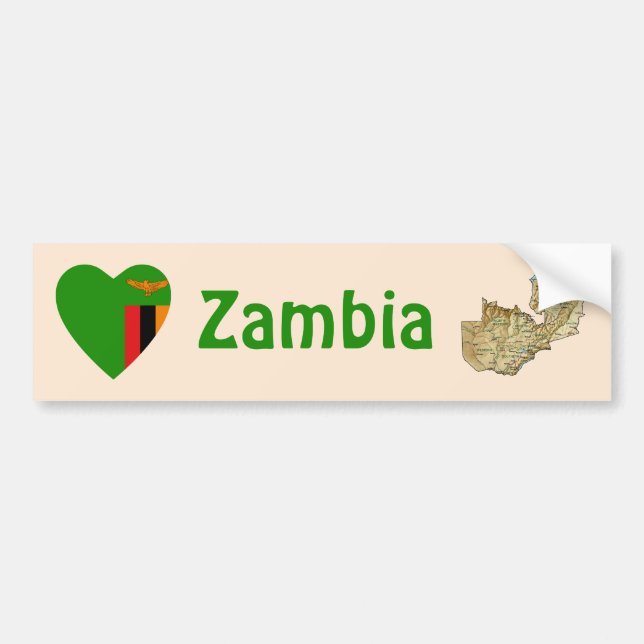 Zambia Flag Heart + Map Bumper Sticker (Front)