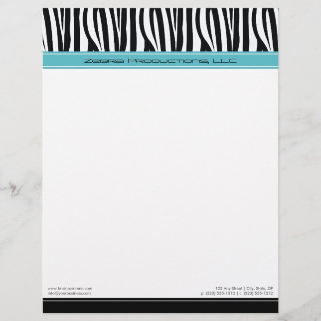 Zany Zebra Aqua Customised Designer Letterhead (Front)