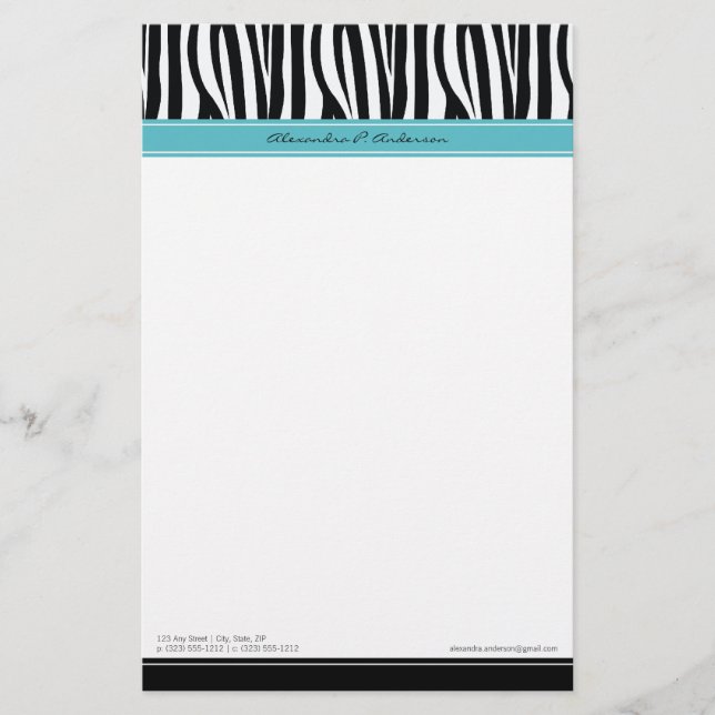 Zany Zebra Aqua Customised Designer Stationery (Front)