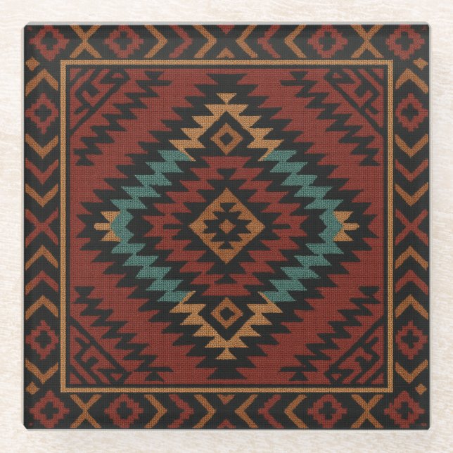 Zapotec Folk Art Geometric Diamond Glass Coaster (Front)