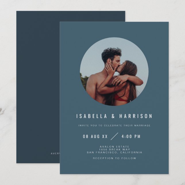 ZARA Modern Boho Slate Blue Photo Wedding Invitation (Front/Back)