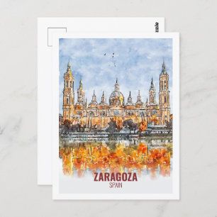 Zaragoza Spain Famous Travel Watercolor Sketch Postcard