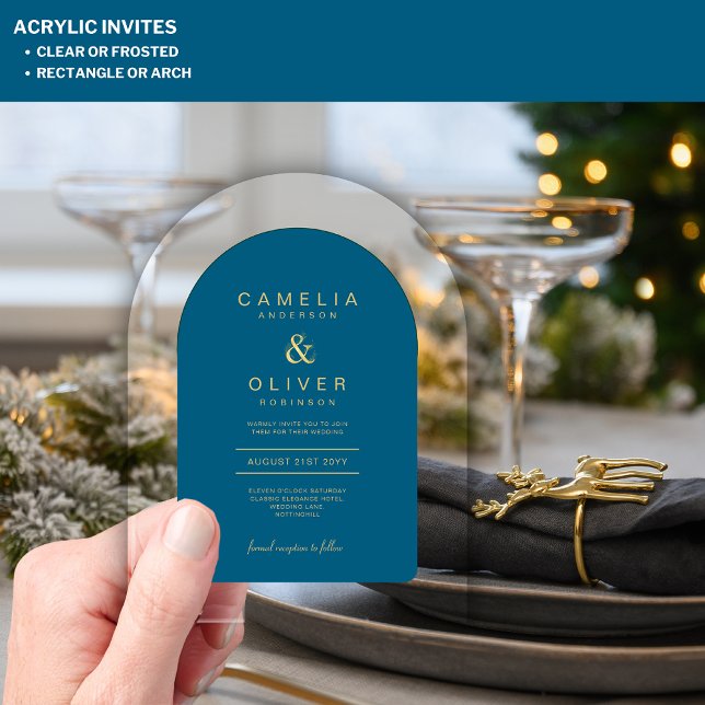 Zazzle Acrylic Wedding Chic Teal Blue Text Arch Invitations (Creator Uploaded)