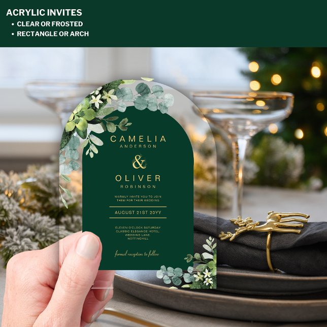 Zazzle Acrylic Wedding Green Eucalyptus Gold Text Invitations (Creator Uploaded)
