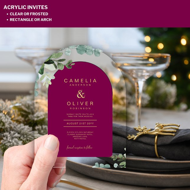 Zazzle Acrylic Wedding Magenta Leaves Gold Text Invitations (Creator Uploaded)