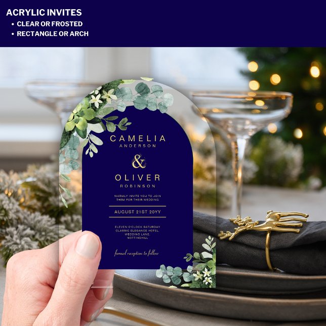 Zazzle Acrylic Wedding Navy Eucalyptus Gold Text Invitations (Creator Uploaded)