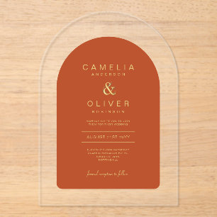 Zazzle Acrylic Wedding Terracotta Gold Text Arch A Invitations