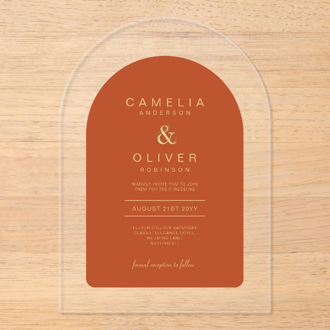 Zazzle Acrylic Wedding Terracotta Gold Text Arch A Invitations (Front)