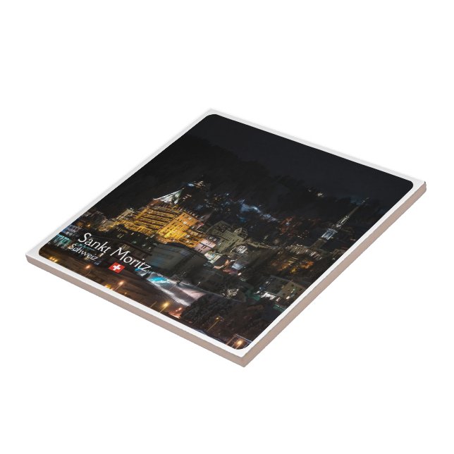 zCH018 SANKT MORITZ bei Nacht, Swiss, Ceramic Tile (Side)