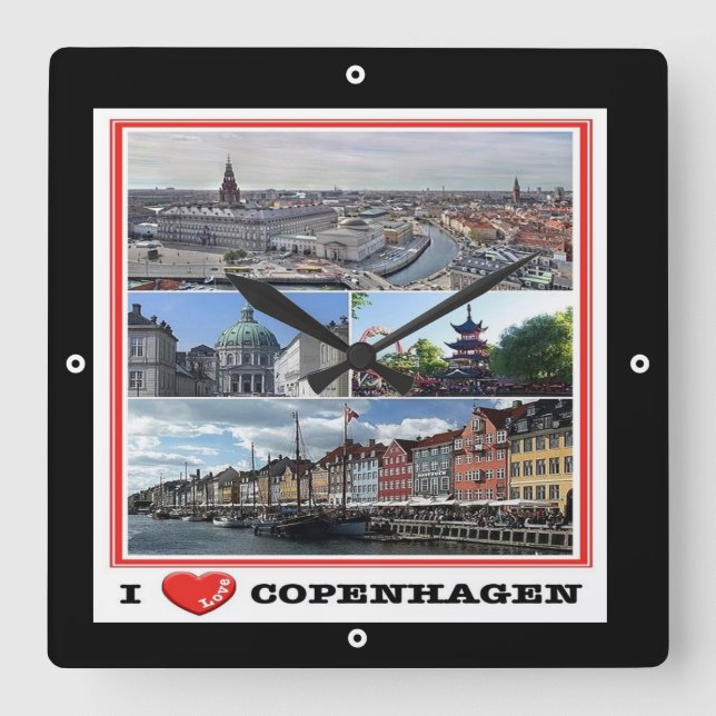 zDK014 COPENHAGEN KOPENHAGEN I LOVE, Square Wall Clock (Front)