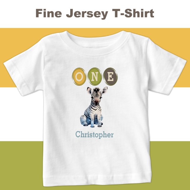 Zebra 1st Birthday one with name blue Baby T-Shirt (Creator Uploaded)