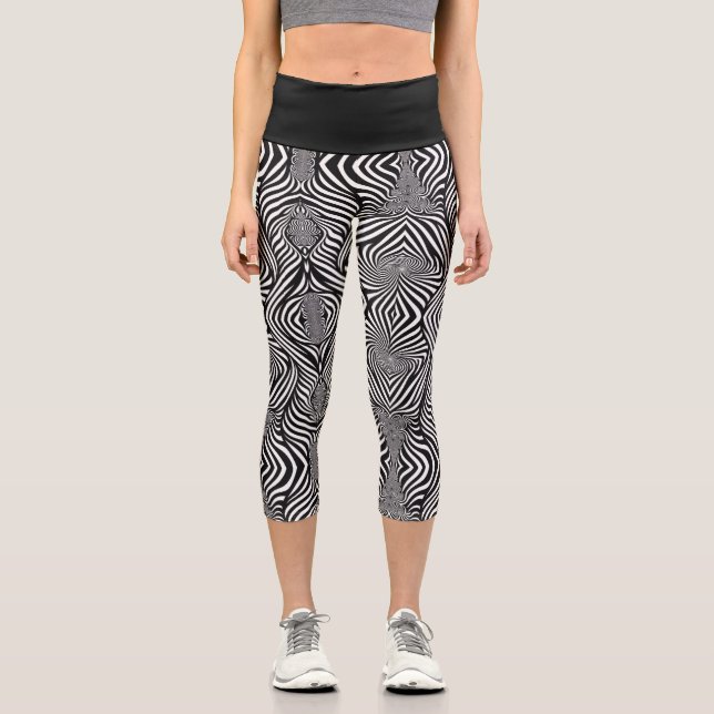 Zebra Abstract B&W Capri Leggings (Front)