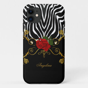 Zebra Abstract Roses Red Black White Gold iPhone 11 Case