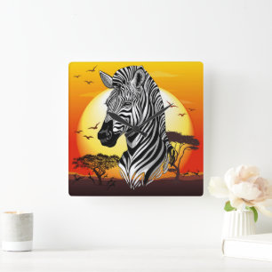 Zebra African Savanna Wild Animal Square Wall Clock