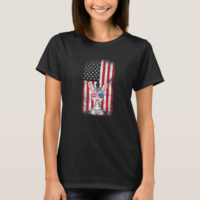 Zebra American Flag Boys Girls Men Women Fourth Of T-Shirt (Front)