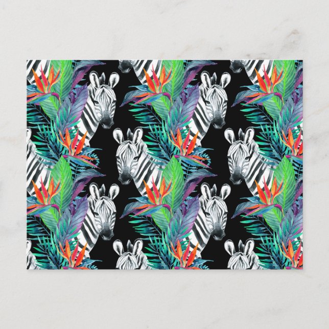 Zebra And Exotic Flowers Pattern 2 Postcard (Front)
