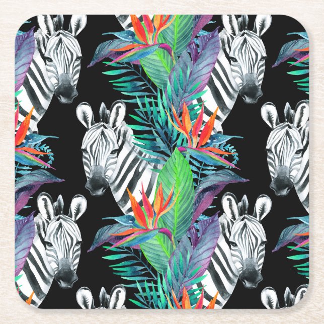 Zebra And Exotic Flowers Pattern 2 Square Paper Coaster (Front)