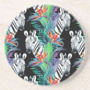 Zebra And Exotic Flowers Pattern Coaster