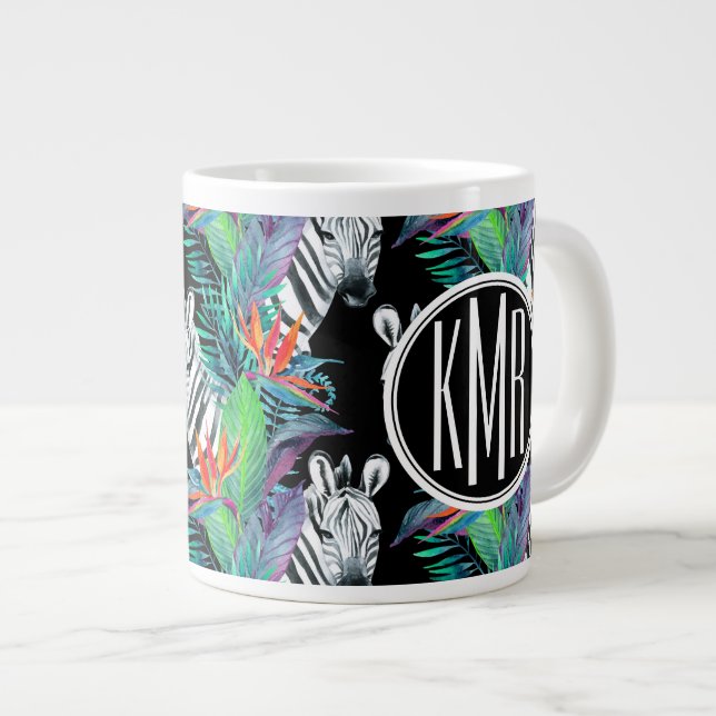Zebra And Exotic Flowers Pattern | Monogram Large Coffee Mug (Front Right)