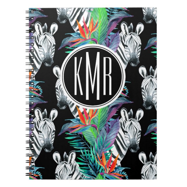 Zebra And Exotic Flowers Pattern | Monogram Notebook (Front)