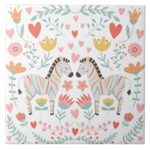 Zebra and Flowers Colourful Scandinavian Folk Art  Ceramic Tile