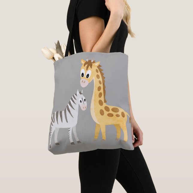Zebra and Giraffe Cute Baby Animal Safari Tote Bag (Close Up)