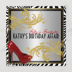 Zebra and Hot Red Heels 50th Birthday Party Invite
