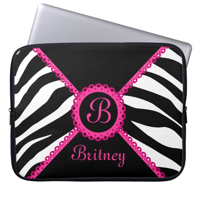Zebra and Pink Lace Monogram Laptop Sleeve (Front)