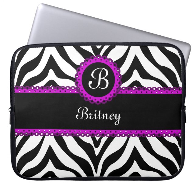 Zebra and Purple Lace Monogram Laptop Sleeve (Front)