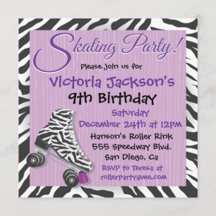 Zebra and Purple Roller Skating Party Invitations