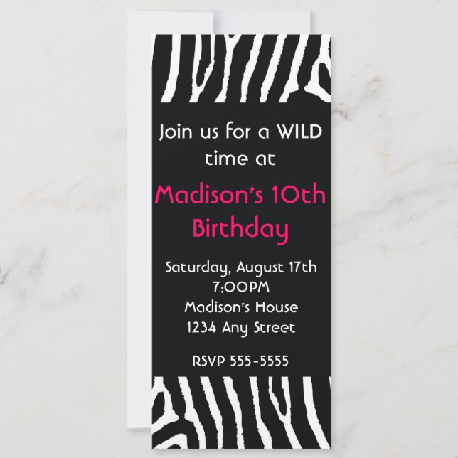 Zebra Animal Print Long Birthday Party Invitation (Front)
