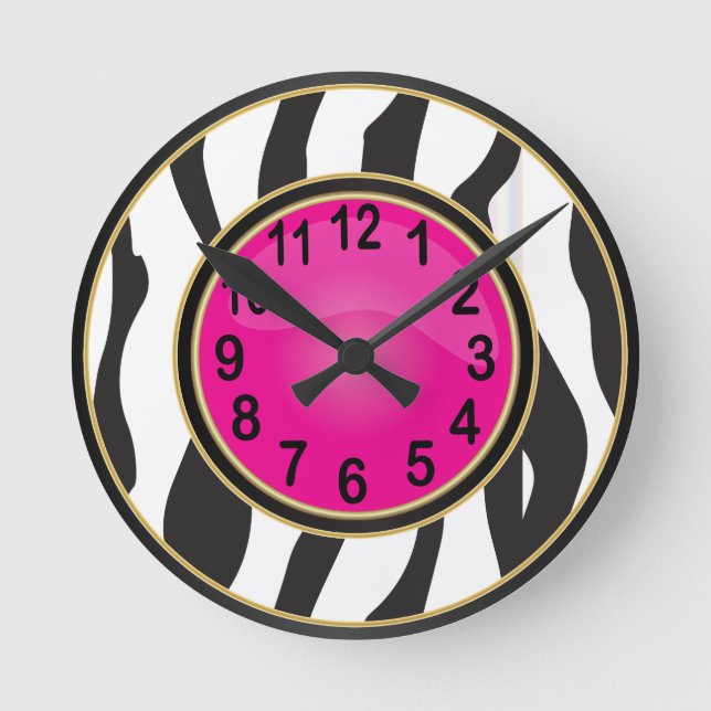 Zebra Animal Print with Hot Pink Round Clock (Front)