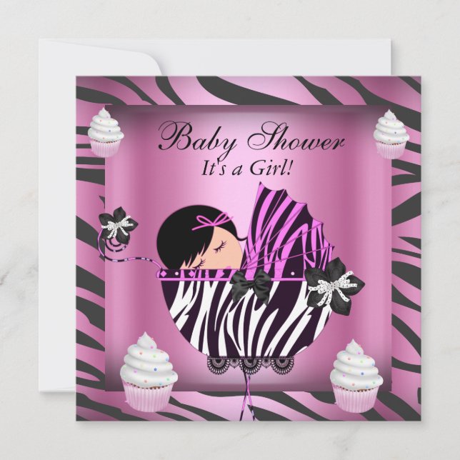 Zebra Baby Shower Baby Girl Pink Cupcake Invitation (Front)